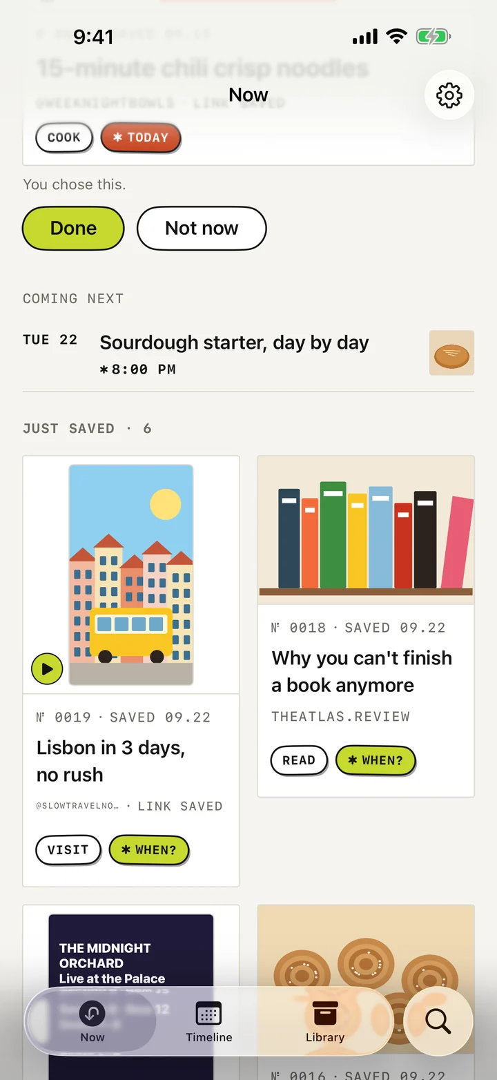 Laytr's Now screen: a recipe back on top for today, with the week's saves as cards below it.